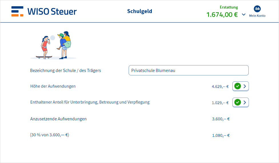 Eingabemaske für Schulgeld in WISO Steuer