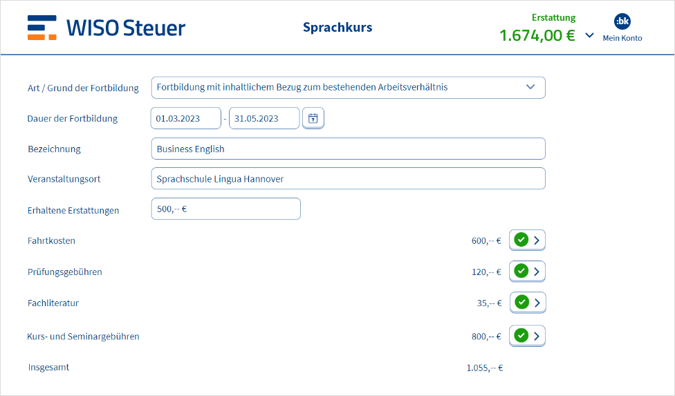 Eingabemaske für Sprachkurse in WISO Steuer