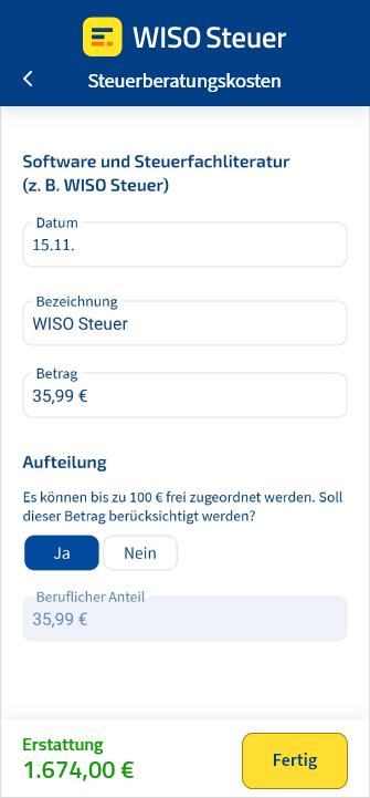 Eingabemaske für Steuerberatungskosten in der App WISO Steuer