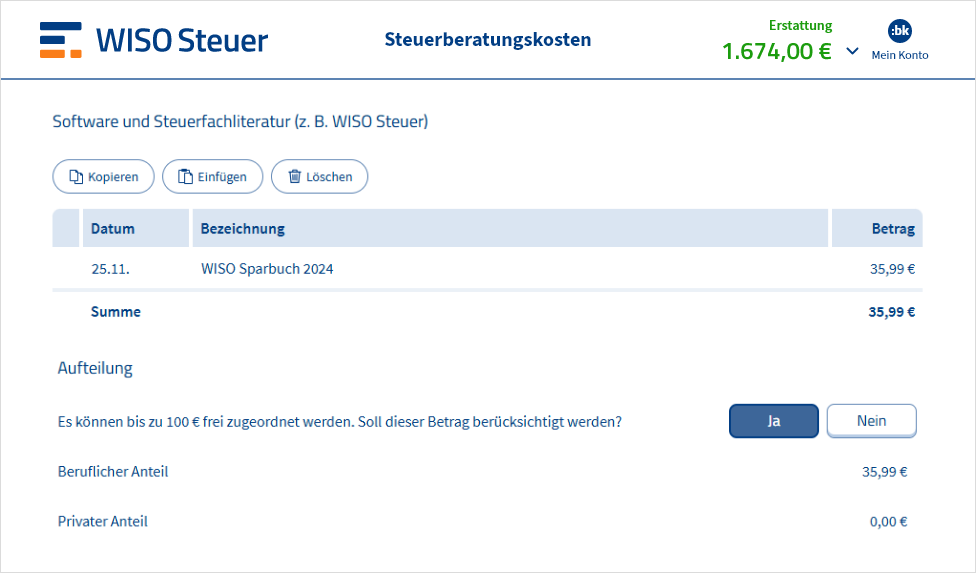 Eingabemaske für Steuerberatungskosten in WISO Steuer