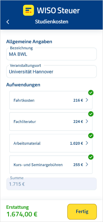 Eingabemaske für Studienkosten in der App WISO Steuer