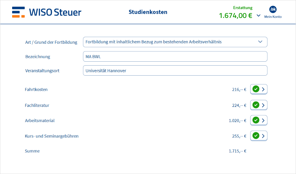 Eingabemaske für Studienkosten in WISO Steuer