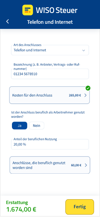 Eingabemaske für Telefonkosten und Internetkosten in der App WISO Steuer