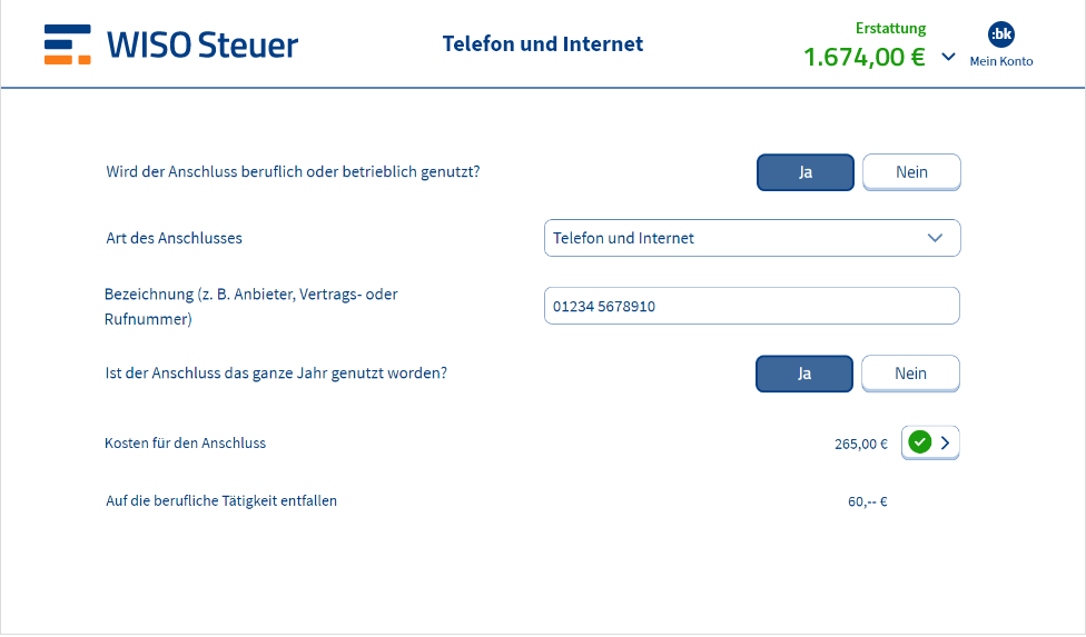 Eingabemaske für Telefonkosten und Internetkosten in WISO Steuer