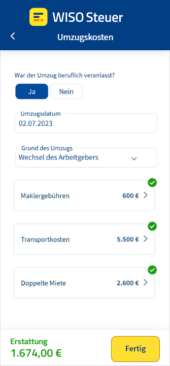 Eingabemaske für Umzugskosten in der App WISO Steuer