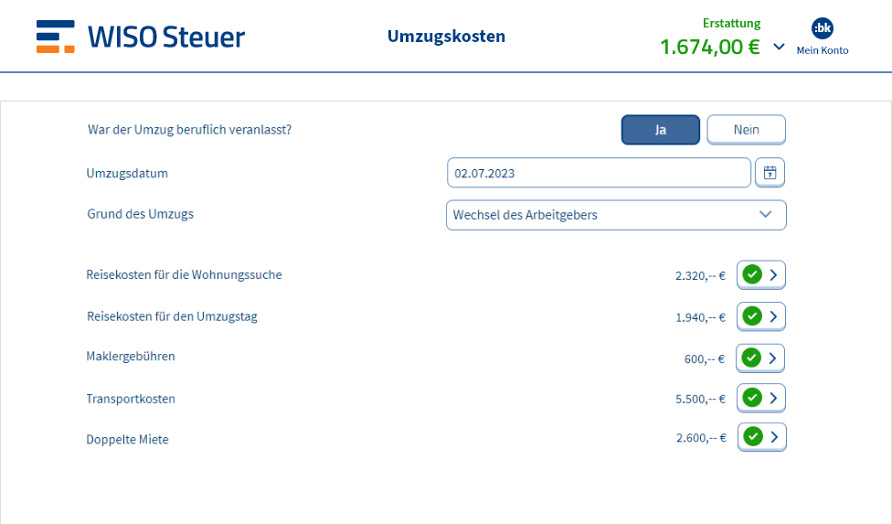 Eingabemaske für Umzugskosten in WISO Steuer