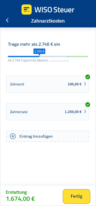 Eingabemaske für Zahnarztkosten in der App WISO Steuer