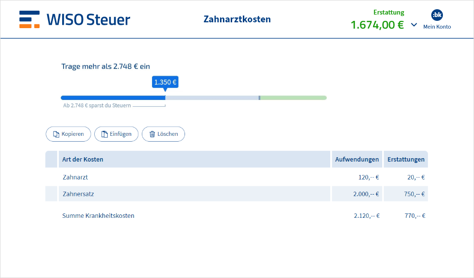 Eingabemaske für Zahnarztkosten in WISO Steuer