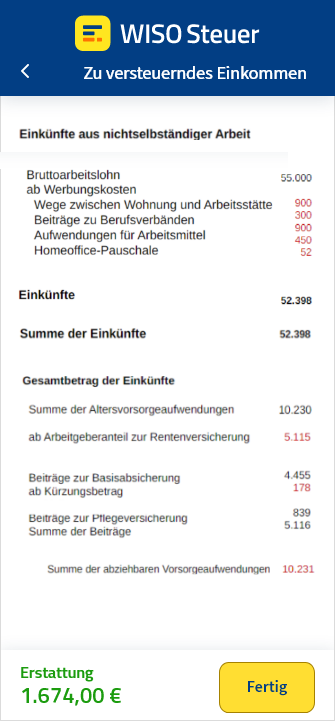 Berechnung des zu versteuernden Einkommens in der App WISO Steuer