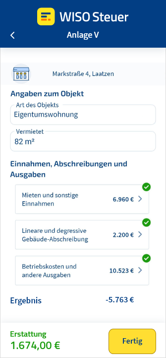 Vorschau der Anlage V in der App WISO Steuer