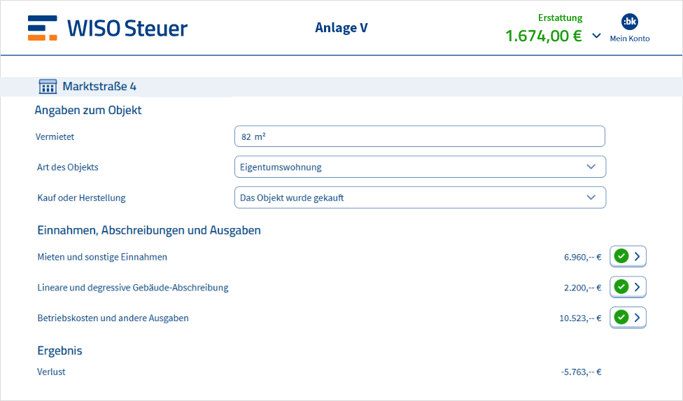 Vorschau der Anlage V in WISO Steuer