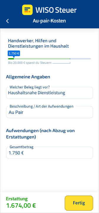 Vorschau aus der WISO Steuer App zur Eingabe von Au-pair-Kosten als haushaltsnahe Dienstleistung