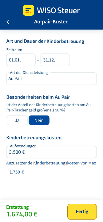 Vorschau aus der WISO Steuer App zur Eingabe von Au-pair-Kosten als Kinderbetreuungskosten