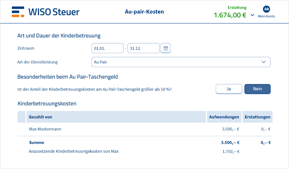 Vorschau aus WISO Steuer zur Eingabe von Au-pair-Kosten als Kinderbetreuungskosten