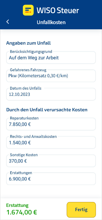 Eingabemaske für Unfallkosten in der App WISO Steuer