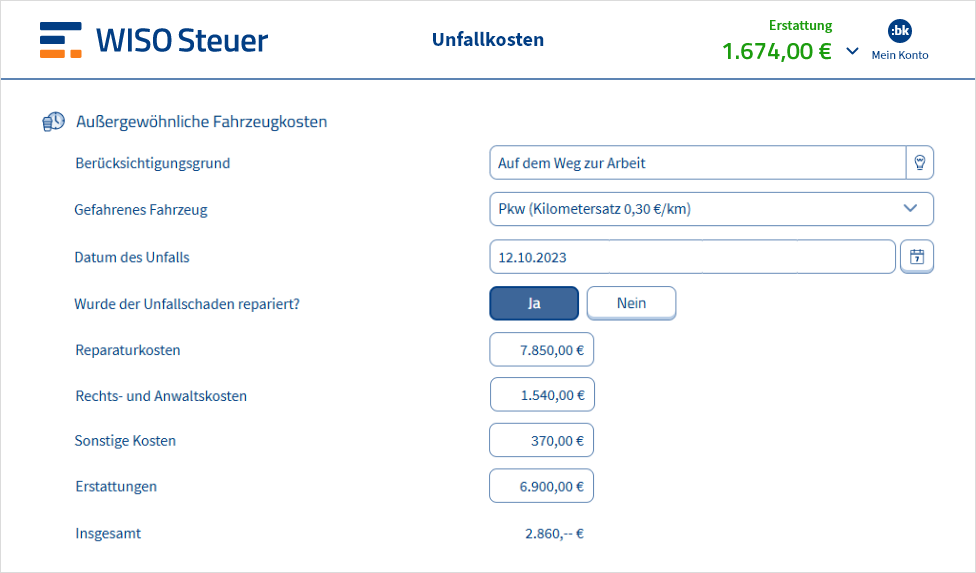 Eingabemaske für Unfallkosten in WISO Steuer