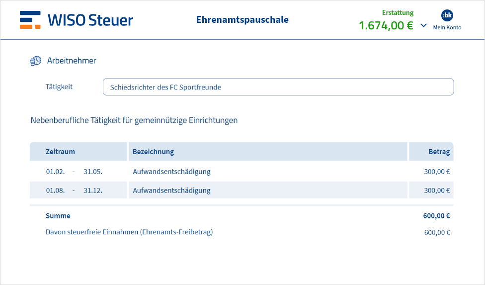 Ehrenamtspauschale als Arbeitnehmer in WISO Steuer eintragen