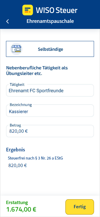 Ehrenamtspauschale als Selbstständiger in die App WISO Steuer eintragen