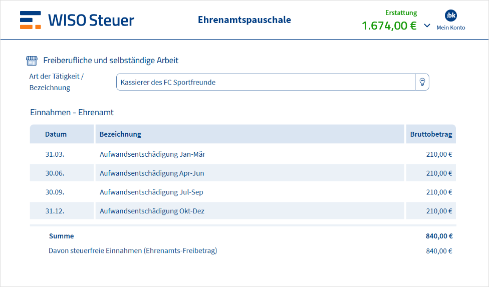 Ehrenamtspauschale als Selbstständiger in WISO Steuer eintragen