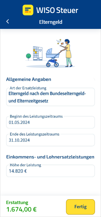 Eingabemaske für Elterngeld in der App WISO Steuer