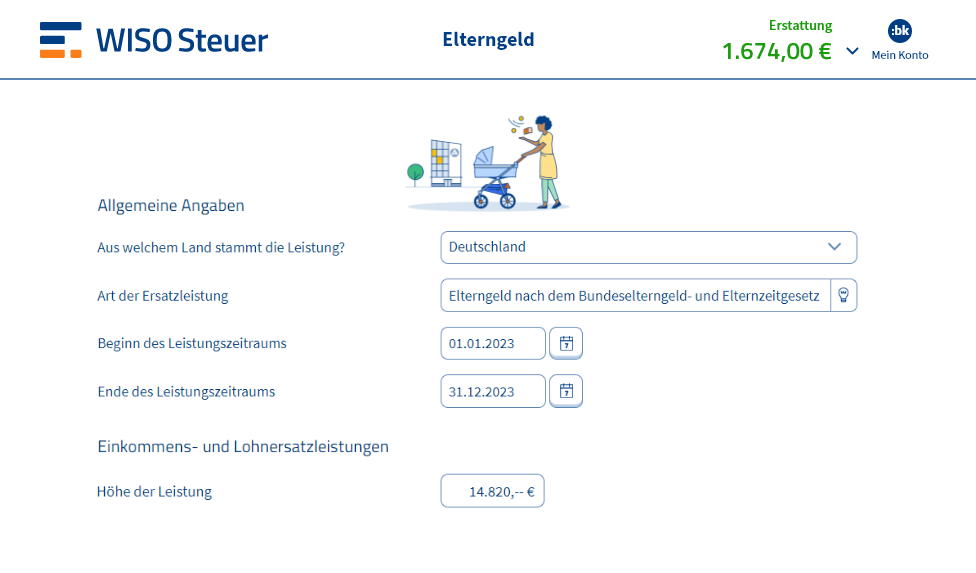 Eingabemaske für Elterngeld in WISO Steuer