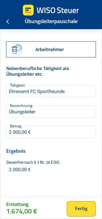 Übungsleiterpauschale als Arbeitnehmer in der WISO Steuer App automatisch anrechnen lassen