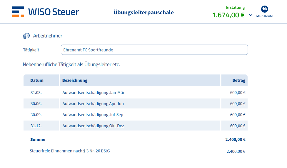 Übungsleiterpauschale als Arbeitnehmer in WISO Steuer automatisch anrechnen lassen