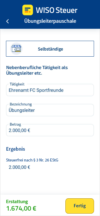 Übungsleiterpauschale als Selbstständiger in der WISO Steuer App automatisch anrechnen lassen