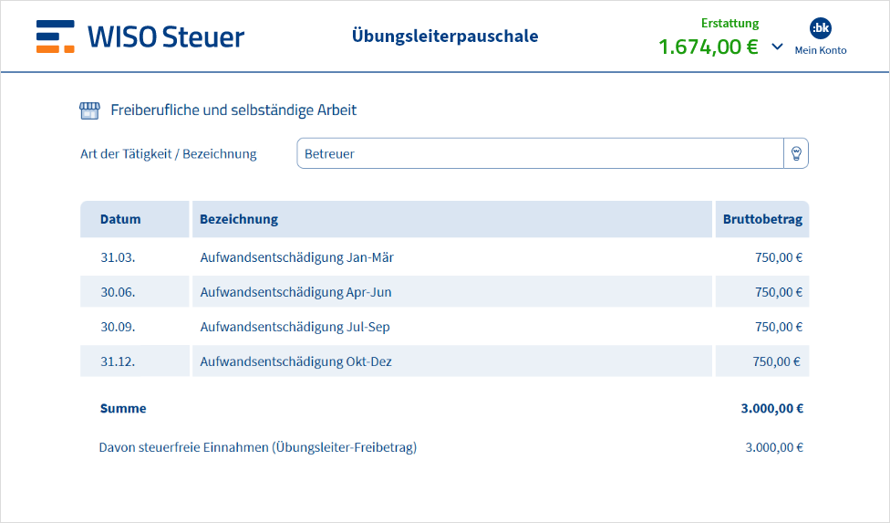 Übungsleiterpauschale als Selbstständiger in WISO Steuer automatisch anrechnen lassen