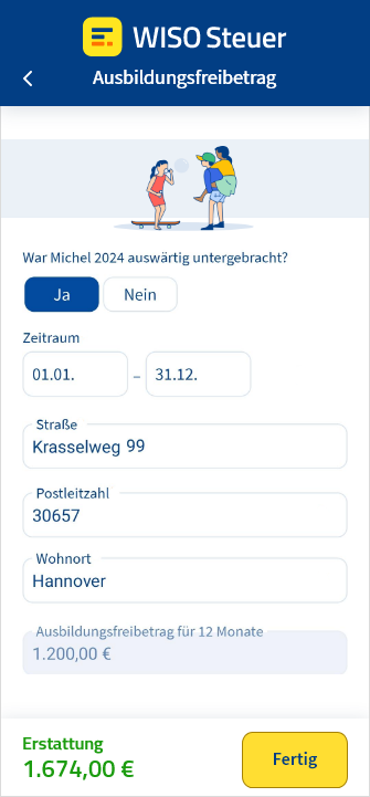 Eingabemaske für den Ausbildungsfreibetrag in der App WISO Steuer