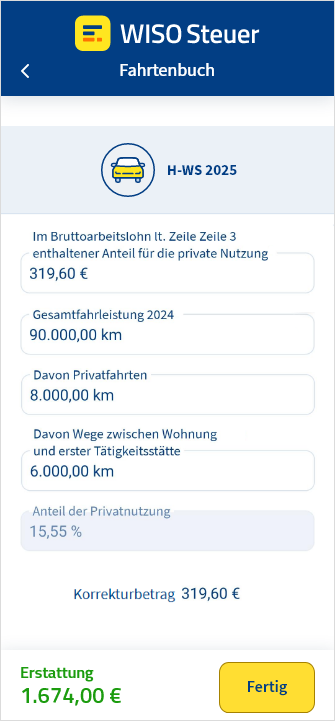 Eingabemaske für ein Fahrtenbuch in der App WISO Steuer