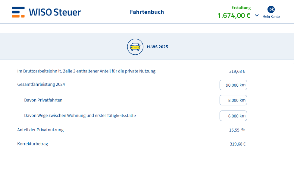 Eingabemaske für ein Fahrtenbuch in WISO Steuer