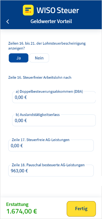 Eingabemaske für geldwerte Vorteile in der App WISO Steuer