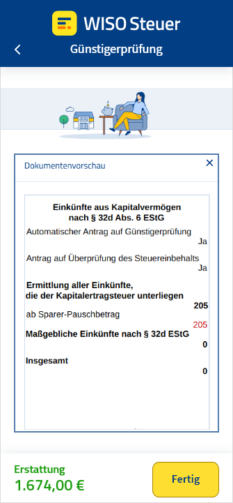 Vorschau der Günstigerprüfung von Kapitalerträgen in der App WISO Steuer