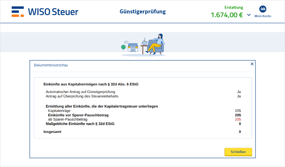 Vorschau der Günstigerprüfung von Kapitalerträgen in WISO Steuer