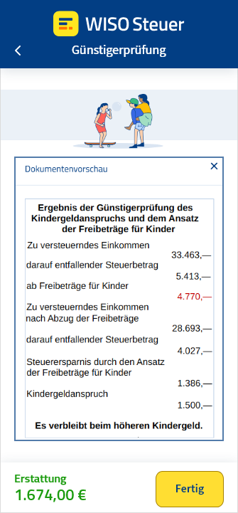 Vorschau der Günstigerprüfung von Kindergeld und Kinderfreibetrag in der App WISO Steuer