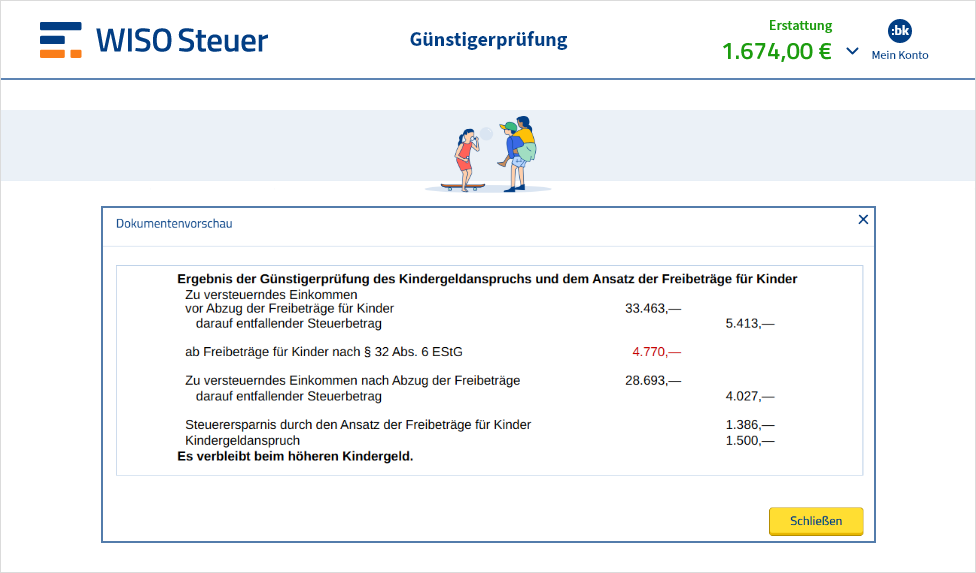 Vorschau der Günstigerprüfung von Kindergeld und Kinderfreibetrag in WISO Steuer