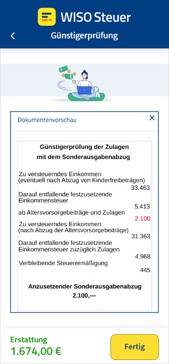 Vorschau der Günstigerprüfung von Riesterbeiträgen in der App WISO Steuer