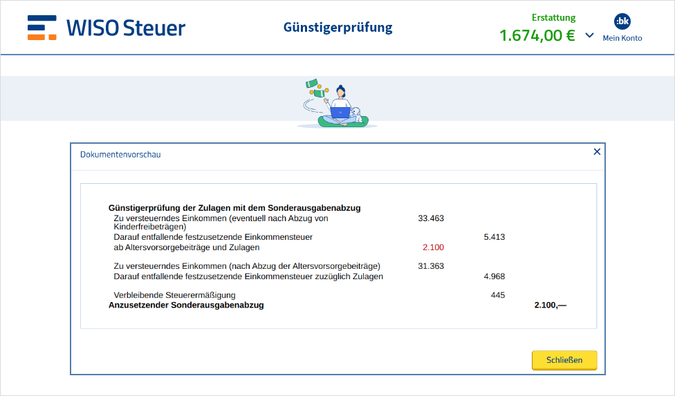 Vorschau der Günstigerprüfung von Riesterbeiträgen in WISO Steuer