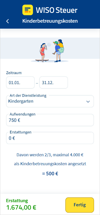 Eingabemaske für Kinderbetreuungskosten in der App WISO Steuer