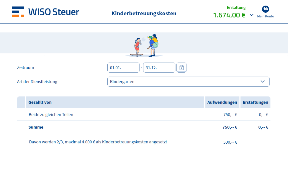 Eingabemaske für Kinderbetreuungskosten in WISO Steuer