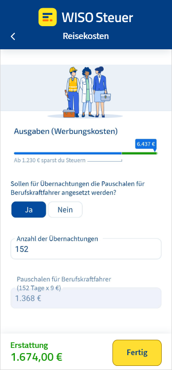 Eingabemaske für die Lkw-Übernachtungspauschale in der App WISO Steuer