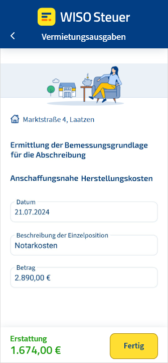 Eingabemaske für Notarkosten bei der Abschreibung in der App WISO Steuer