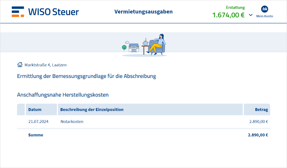 Eingabemaske für Notarkosten bei der Abschreibung in WISO Steuer