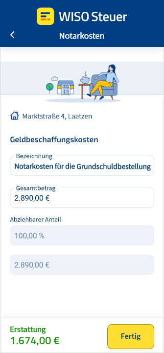 Eingabemaske für Notarkosten als Finanzierungskosten in der App WISO Steuer