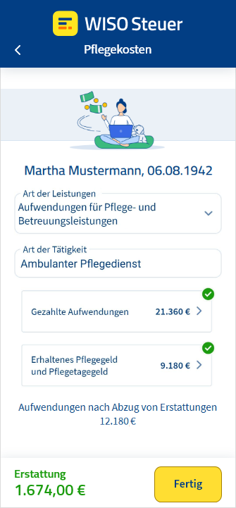 Eingabemaske für Pflegekosten in der App WISO Steuer