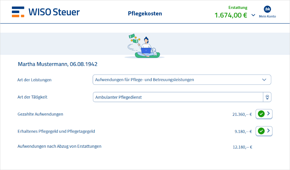 Eingabemaske für Pflegekosten in WISO Steuer