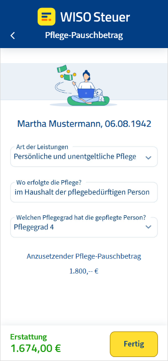 Eingabemaske für den Pflegepauschbetrag in der App WISO Steuer