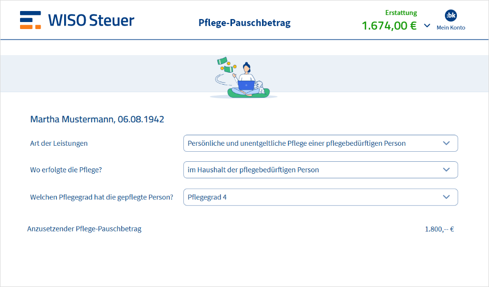 Eingabemaske für den Pflegepauschbetrag in WISO Steuer