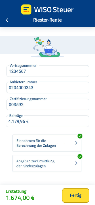 Eingabemaske für Riester-Verträge in der App WISO Steuer